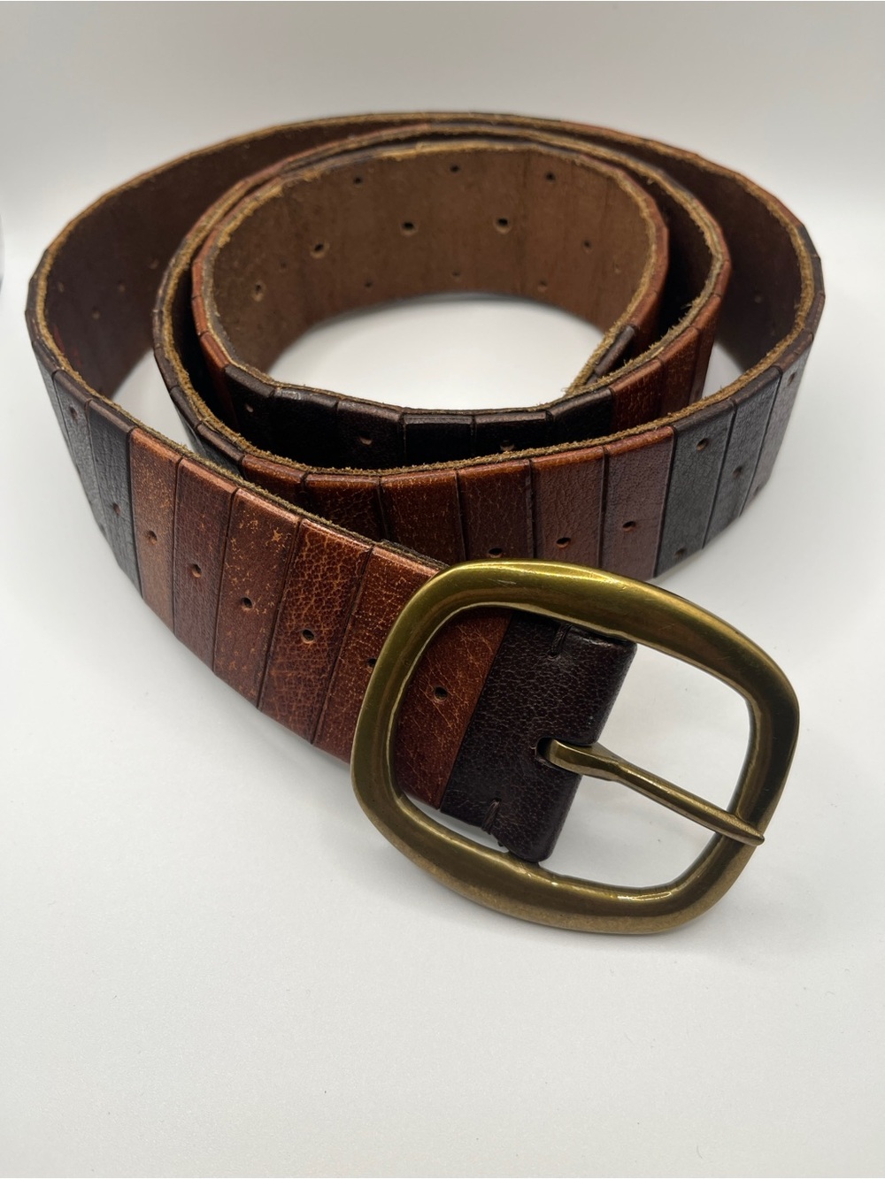 Lucky Brand Two-Tone Brown Leather Belt with Brass Oval Buckle 42”